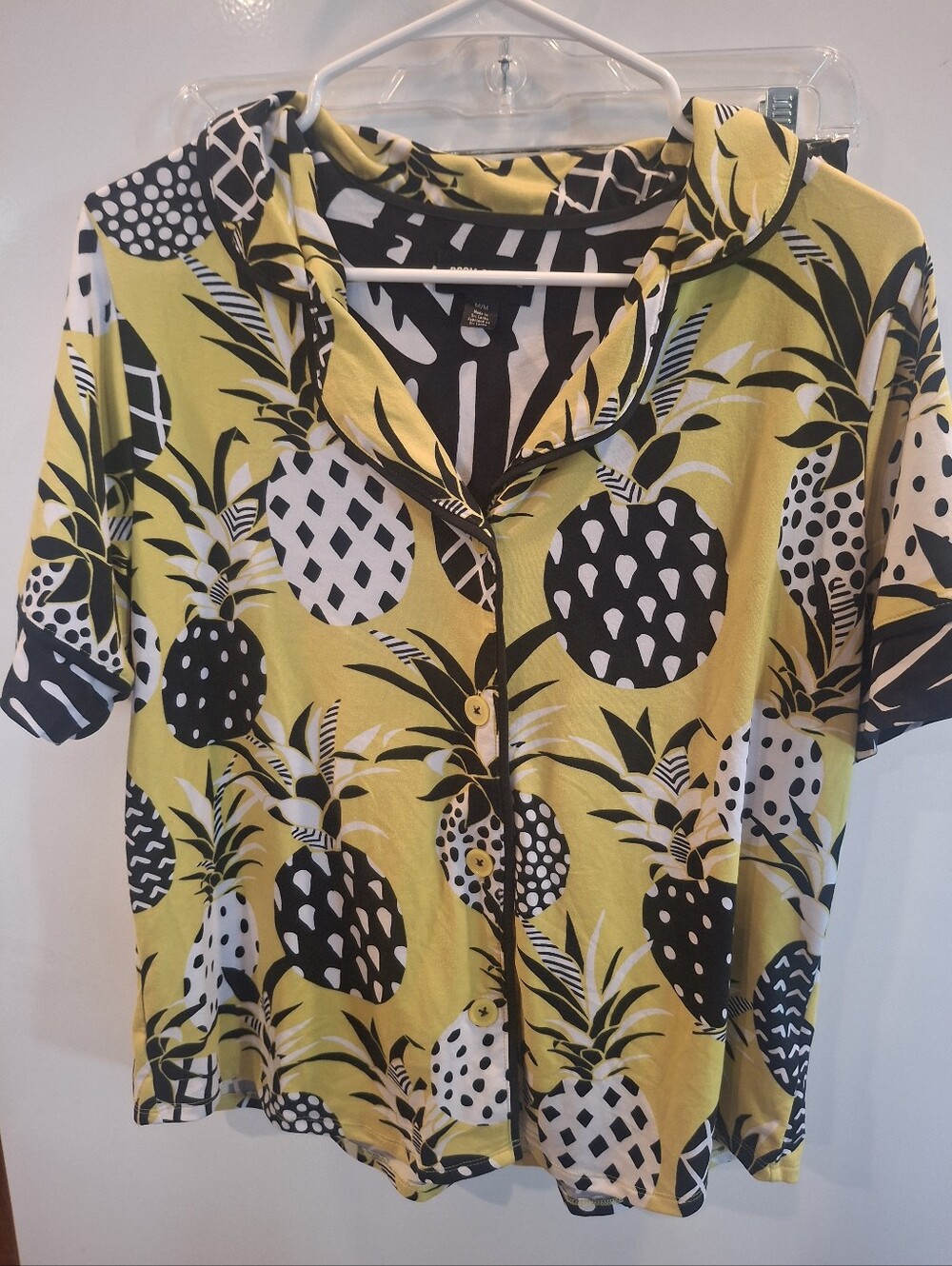 Yellow Pineapple-Print Short Sleeve Button-Down Shirt With Matching PJ Bottoms